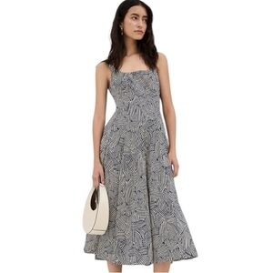 STAUD Wells Cotton Poplin Sleeveless Midi Dress NWT Navy Mosaic